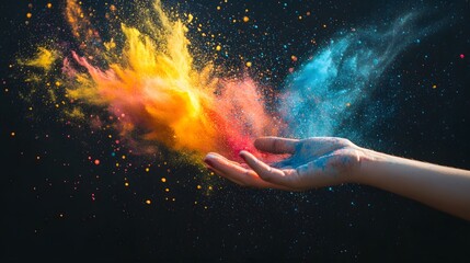 A hand releasing colorful chalk dust into the air against a black background, creating vibrant swirls 