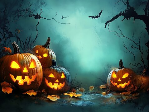 Halloween Jack O Lanterns Lit Under A Spooky Moon - Powered by Adobe