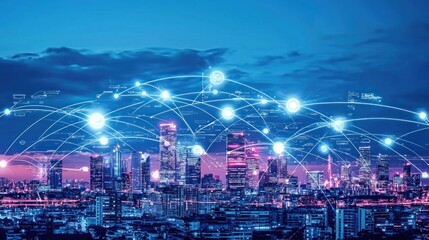 Obraz premium Global Network Connectivity: Smart City at Night