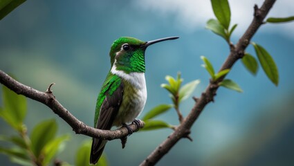 Fototapeta premium Mountain Velvetbreast - Lafresnaya lafresnayi, a vibrant green hummingbird from the Heliantheini tribe in the Lesbiinae subfamily, native to Colombia, Ecuador, Peru, and Venezuela, perched on a bra...