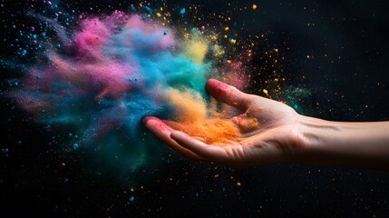 Fototapeta premium A hand releasing colorful chalk dust into the air against a black background, creating vibrant swirls 