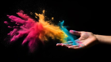 A hand releasing colorful chalk dust into the air against a black background, creating vibrant swirls 