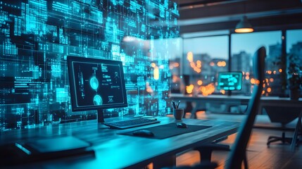 A futuristic workspace with transparent screens and holographic interfaces glowing softly in dim light