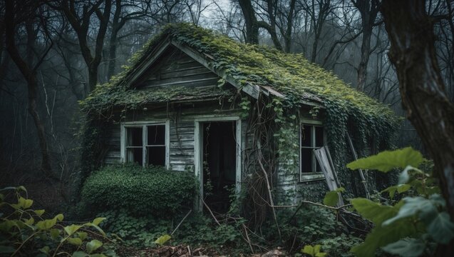 Derelict and overgrown rustic dwelling enveloped in greenery, vines, and ivy. Mysterious, eerie, mesmerizing, shadowy forest, entirely isolated. Nature embraces the structure in this image.