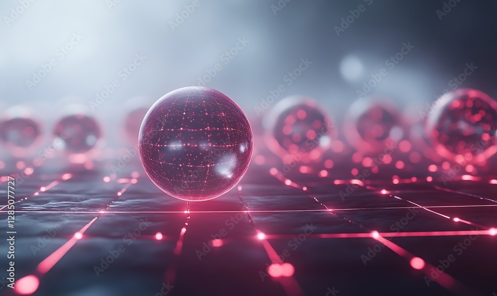 Aufkleber Abstract digital spheres glowing in a futuristic environment with a network of lines.