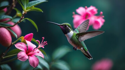 Fototapeta premium Green-breasted Mango Hummingbird hovering beside vibrant pink flowers. Tropical wildlife in Costa Rica's natural environment, showcasing a small bird and blooming flora. Nature exploration in South...
