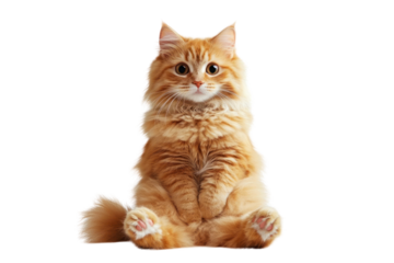 A fluffy orange cat with wide, alert eyes, sitting on its hind legs while staring directly at the camera, with its tail curled around its paws.