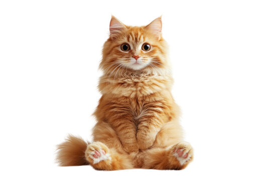 A fluffy orange cat with wide, alert eyes, sitting on its hind legs while staring directly at the camera, with its tail curled around its paws.