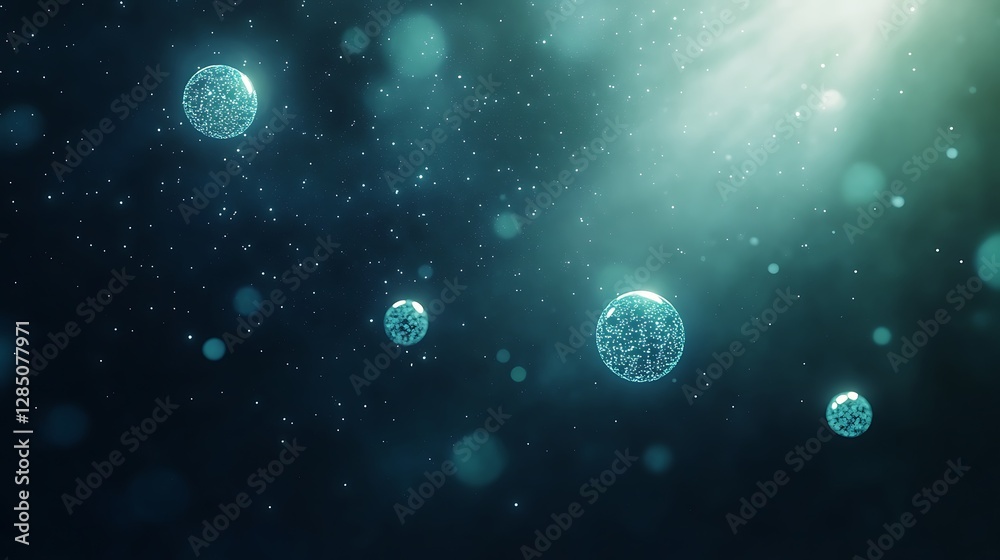 Poster Microscopic view of floating cellular structures in a dark, illuminated environment.