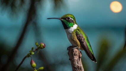 Naklejka premium Male Bee Hummingbird - Mellisuga helenae perched at Playa Larga, Cuba. The world's tiniest bird, endemic to Cuba.