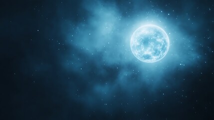 Obraz premium A luminous blue moon surrounded by ethereal clouds and stars in a dark night sky.