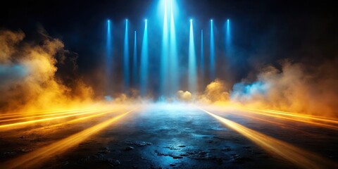 Dense fog rolls in with a warm golden light casting an ethereal glow on a black background as blue neon beams slice through the misty veil , haze, night scene