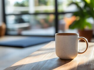 A concept of mindful work-life balance: a blurred office desk with a cup of tea beside a yoga mat 