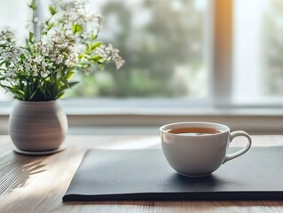 A concept of mindful work-life balance: a blurred office desk with a cup of tea beside a yoga mat 