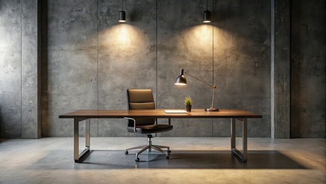 Minimalist office setup with a dark concrete background and an empty black table top illuminated by soft, warm lighting, dark concrete, minimalist desk