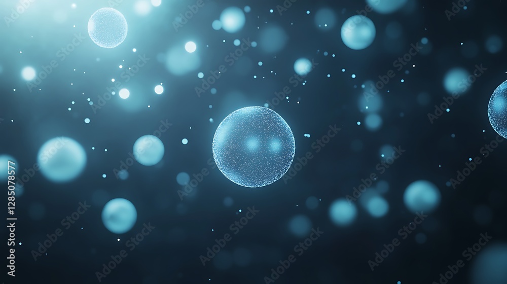 Poster Abstract blue background with floating particles resembling microorganisms or cells.