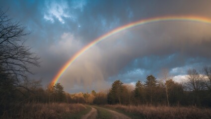Naklejka premium Arc of colors in the sky above a serene forest landscape