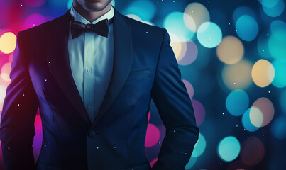 A sharply dressed man in a sleek tuxedo with a black bow tie stands against a vibrant, colorful bokeh background