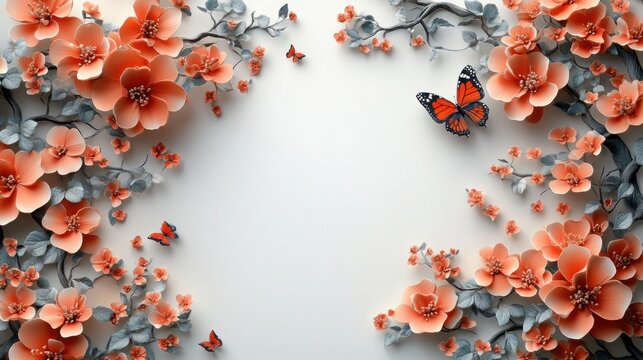 3d mural wallpaper design with render flower and tree branch. butterfly and white background. Suitable for use as a frame on walls.