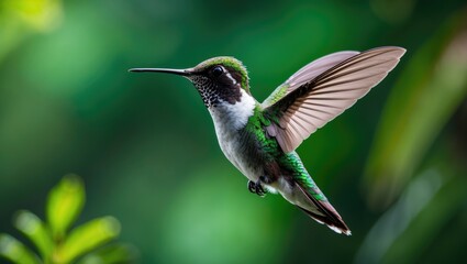 Fototapeta premium Hummingbird in flight, showcasing wing movement. White-bellied Woodstar with a vivid green backdrop. Bird found in Tandayapa, Ecuador. Hovering hummingbird in a tropical forest setting.