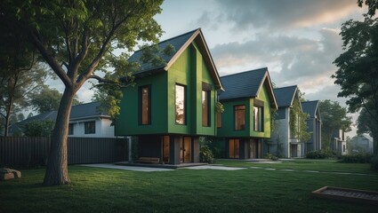 Obraz premium Eco-friendly residence surrounded by trees and typical neighborhood homes. Sustainable energy use, cost-effective upkeep. Emphasizing zero carbon footprints and conservation. Well-developed communi...