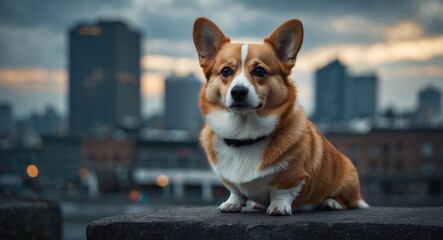 Corgi posing with a cityscape backdrop.