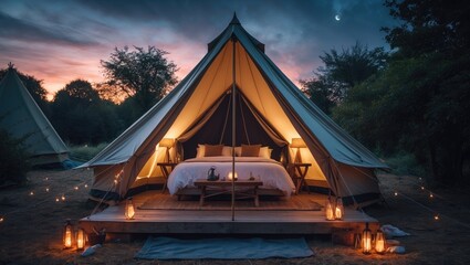 Tent illuminated at twilight glamping