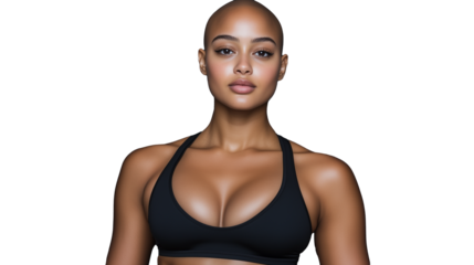 Confident woman with shaved head in sports attire on transparent background
