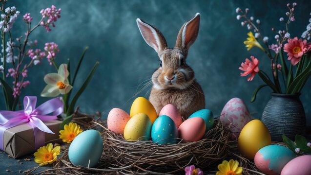 Festive Easter wishes and gift ideas arranged in a flat lay style. Promotional template for Easter shopping, featuring a poster and banner design with colorful eggs in a nest, delightful bunny ears...