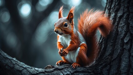 Fototapeta premium Squirrel with fluffy ears perched on a tree branch. A whimsical portrait of a lively red squirrel sitting on a tree.