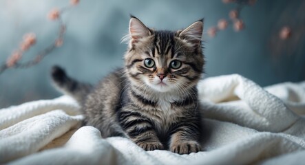 small kitten resting on a light blanket
