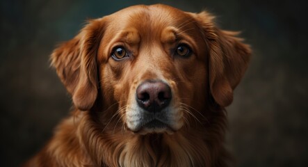 Obraz premium A portrait of a senior mixed breed Golden Retriever. The striking brown eyes of this reddish-brown older dog look directly at the camera.