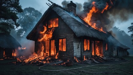 Obraz premium Raging blaze engulfing an ancient thatched-roof home
