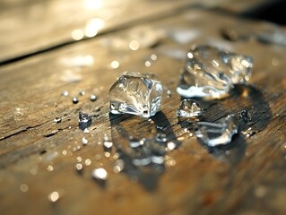 Close-up of textured ice cubes melting on a wooden surface, with droplets reflecting the light