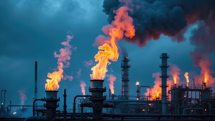 Flaming gas torches emitting dense, harmful smoke. Oil refinery and gas processing. Environmental pollution! Exhaust emissions, ozone layer damage, climate change.