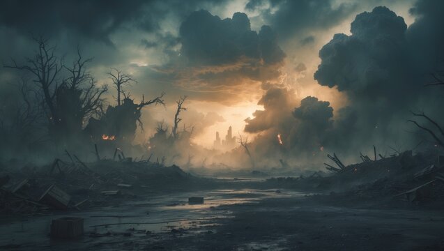 Intense apocalyptic scene - final judgment, worldâ€™s end, total collapse of society and humanity.