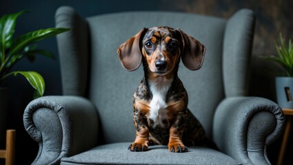 A miniature dachshund puppy with brindle and piebald markings. The puppy has brown floppy ears and a white chest while sitting on an armchair beside a ZZ plant.