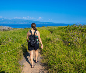 Female Hiker on Hawea Point, Kapalua Coastal  Trail, Kapalua, Maui, Hawaii, USA