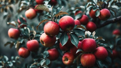 Obraz premium ripe crimson apples hanging from branches
