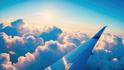 Fototapeta premium Bright azure expanse adorned with fluffy cumulus clouds, aerial view featuring a close-up of an aircraft wing. Dreamy cloud landscape. Themes of adventure, travel, leisurely weekends, vacations, li...