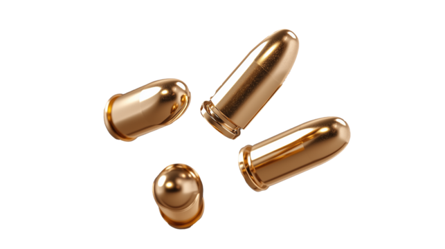 Golden bullet casings on transparent background for visual effects and graphics