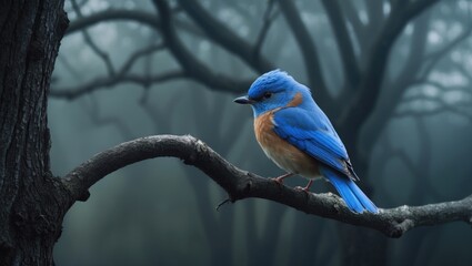Fototapeta premium Cartoonish blue bird perched on a tree branch
