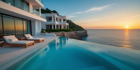 Luxury modern villa with an infinity pool overlooking the ocean at sunset. Elegant architecture, tropical paradise, and a dream vacation destination with breathtaking coastal views

