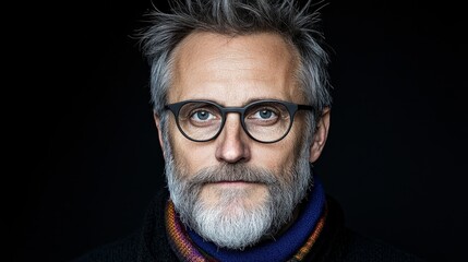 Fototapeta premium Serious Man with Beard and Glasses Against Dark Background