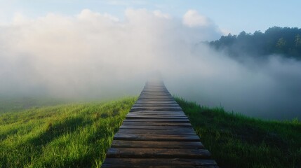 A serene wooden walkway stretches through misty grasslands, leading into a tranquil, fog-covered landscape under a bright sky.
