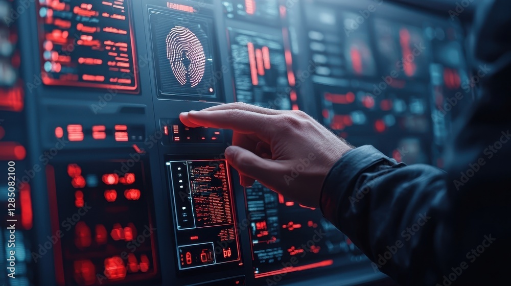 Poster a hand interacts with a high-tech interface displaying red graphics and data, suggesting a futuristi
