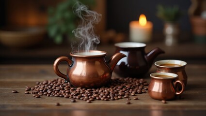 Fototapeta premium Historical presentation of Turkish coffee products. Copper and metalware. Traditional beverage display with focused details.