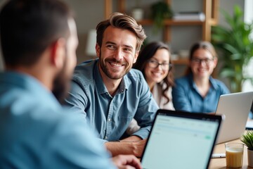 A group of four young adults engaged in a collaborative meeting in a modern workspace, sharing ideas and digital devices, fostering teamwork and creativity.