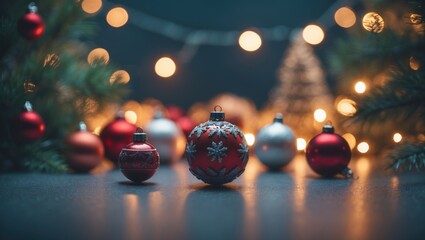 Holiday backdrop featuring ornaments with a softly blurred light bokeh effect.