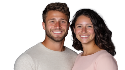 Smiling couple portrait with transparent background showcasing joyful expressions and natural lighting